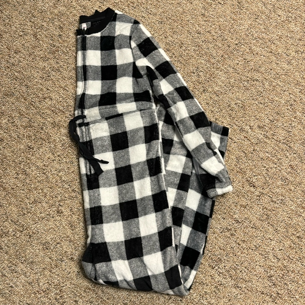 So Buffalo check fleece pajama jumpsuit in black and white